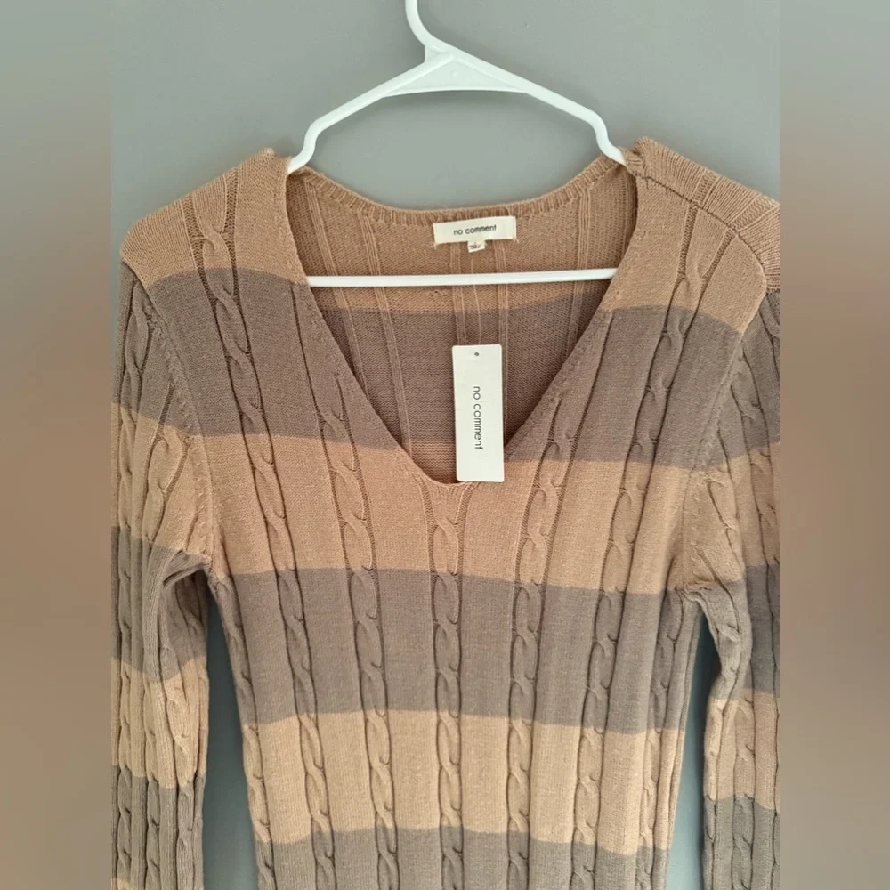 No comment Womens Sweater Dress S Brown Striped Long Sleeve Maxi V Neck New Fall